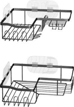 STRICX Doucherekhoek 2 Laags Zwart - Zonder Boren - Zelfklevend Doucherek - Doucherek - Doucherek Voor Badkamer/ Keuken - Doucherek Met Plakstrip - Keukenrek Met Plakstrip - Badrek Douche – Doucherek Hoekvorm - Badkamerrek Douchemandje -Merkloos Shop 839x1200
