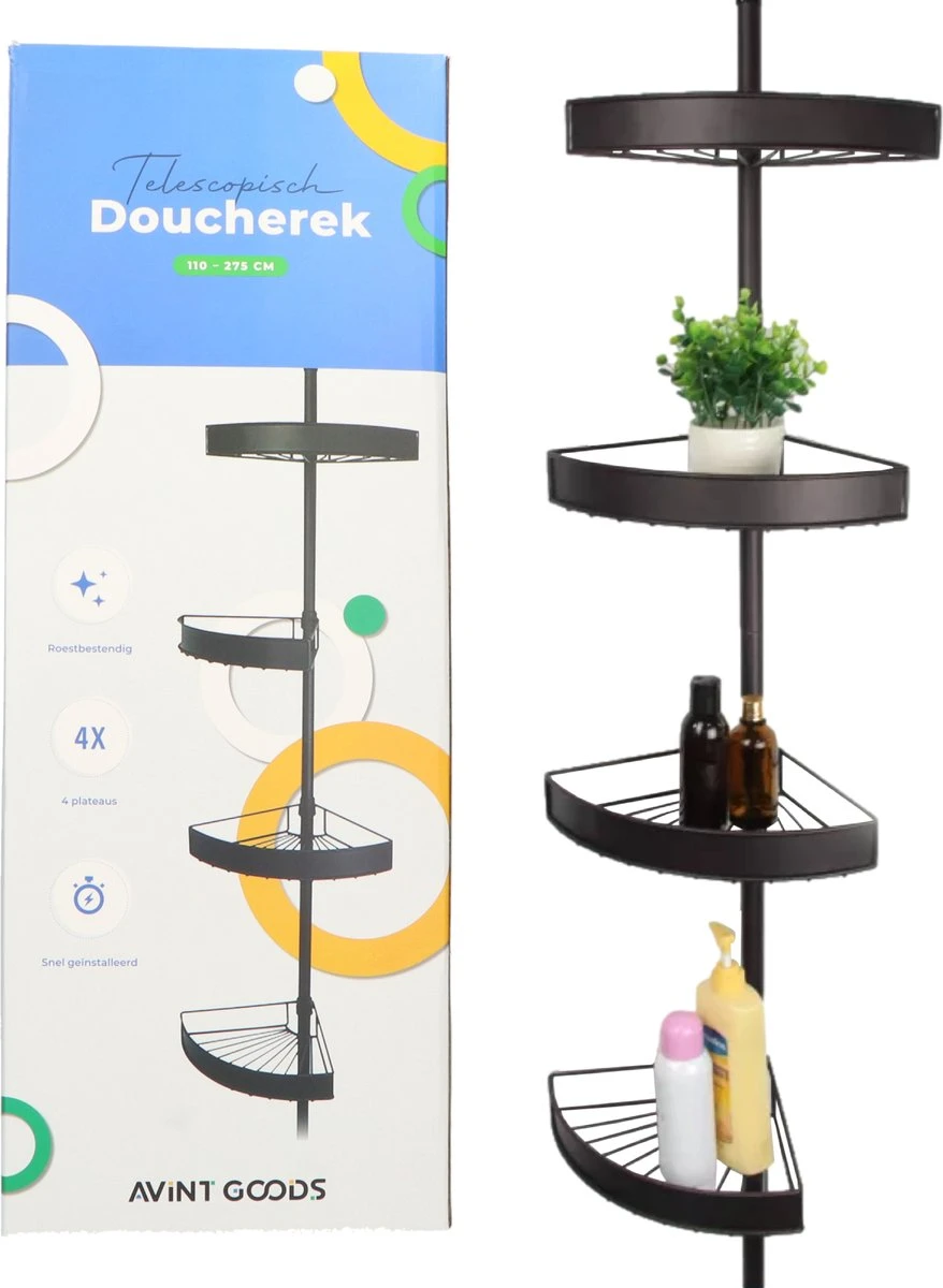 Avint Goods Telescopisch Doucherek Zonder Boren – 4 Laags Badkamerrek Staand – Douche Rek Hoekrek – Zwart 9 Avint Goods Telescopisch Doucherek Zonder Boren – 4 Laags Badkamerrek Staand – Douche Rek Hoekrek – Zwart - Afbeelding 7