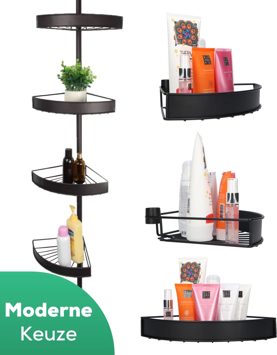 Avint Goods Telescopisch Doucherek Zonder Boren – 4 Laags Badkamerrek Staand – Douche Rek Hoekrek – Zwart 3 Avint Goods Telescopisch Doucherek Zonder Boren – 4 Laags Badkamerrek Staand – Douche Rek Hoekrek – Zwart