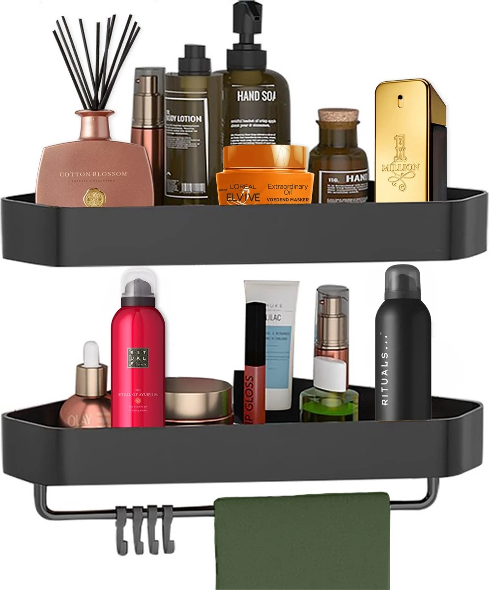 Goliving Doucherek 2 Laags - Doucherek Zonder Boren - Doucherekje Hoek - Douchemandje - Badkamerrek - Badkamer Accessoires - Zwart 3 Goliving Doucherek 2 Laags - Doucherek Zonder Boren - Doucherekje Hoek - Douchemandje - Badkamerrek - Badkamer Accessoires - Zwart